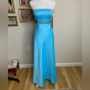 Vintage Y2K Cache Satin Beaded Strapless Long Blue Lace Up Back Dress Size 5/6